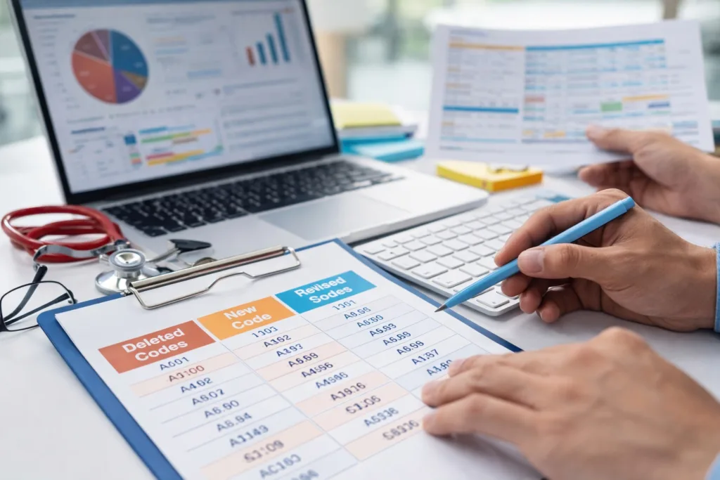 A person reviewing medical billing data with a clipboard containing deleted, new, and revised medical codes, while working on a laptop displaying relevant charts and graphs, with a stethoscope and glasses nearby.
