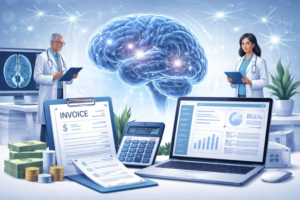 teleneurology consultation, with a neurologist guiding a patient through a brain scan on a screen while the patient uses a smartphone.