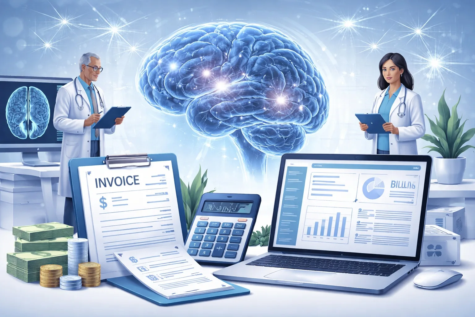 teleneurology consultation, with a neurologist guiding a patient through a brain scan on a screen while the patient uses a smartphone.