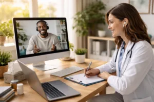 Female psychiatrist conducting a telemedicine session, taking notes while interacting with a smiling male patient on a computer screen.