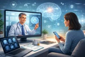 teleneurology consultation, with a neurologist guiding a patient through a brain scan on a screen while the patient uses a smartphone.