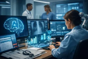 Healthcare worker interacting with AI-powered software for revenue cycle management, displaying real-time billing data and holographic visuals.